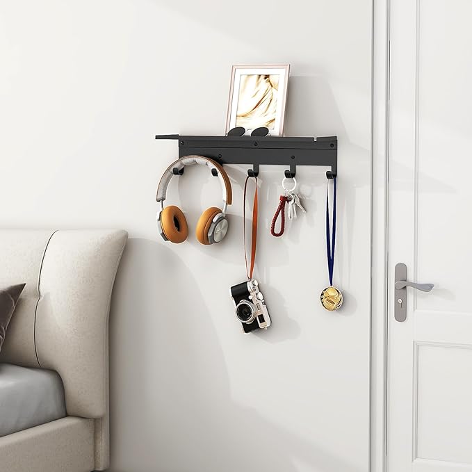 Wall Shelf with Hooks, Metal Coat Rack Wall Mounted with 5 Hooks, 17 Inch Clothes Hooks Entryway Coat Hangers Storage Clothes, Bags, Purse, Keys for Living Room, Bedroom, Black