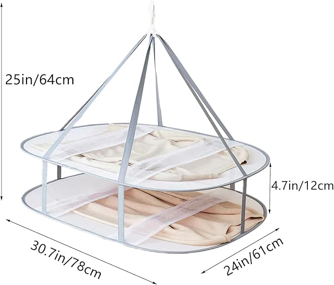 Large Size Sweater Hanging Dryer, 2 Tier Folding Drying Rack, Lay Flat to Dry Mesh Clothes Hanger for Sweater, Delicates and Swimsuit(30.7X24X25 in/1PCS)
