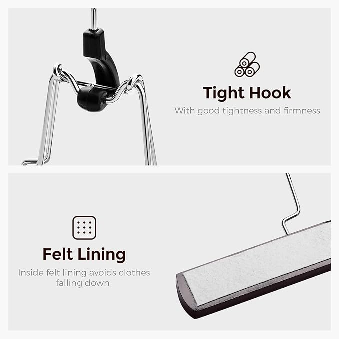 HOUSE DAY Wooden Pants Hangers 20Pack, Clamp Hangers with Felt Lining, Non-Slip Wooden Skirt Hanger with 360 Swivel Hook, Sturdy Jean Hanger