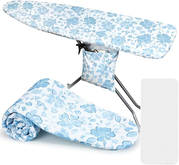 FIOBEE Ironing Board Cover and Pad Extra Thick Iron Board Pad with Heat-Resistant Mesh Padded Iron Board Covers Adjustable Buckle & Elastic Edges for 15x54 Standard Size Ironing Board, Light Blue