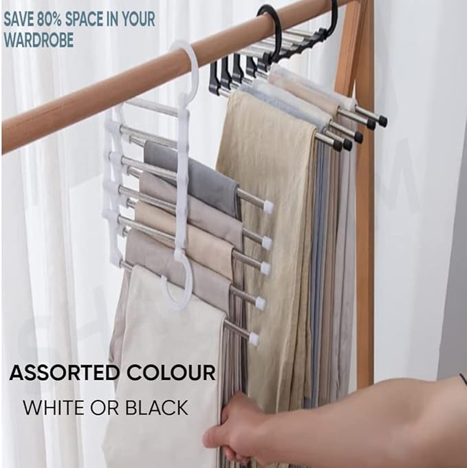 5 in 1 ABS Foldable Hangers (Pack of 1) - Multi-Purpose Clothes Hanger - Stainless Steel & ABS Plastic - Powder Coated - Multicolour - Space Saving, Foldable, Multi-Layer