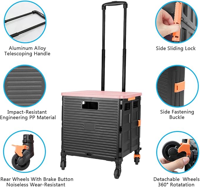 FELICON SELORSS Foldable Utility Cart Folding Portable Rolling Crate Handcart with Heavy Duty Telescoping Handle Collapsible 4 Rotate Wheels for Travel Shopping Move Luggage Office Use(Black+Pink)