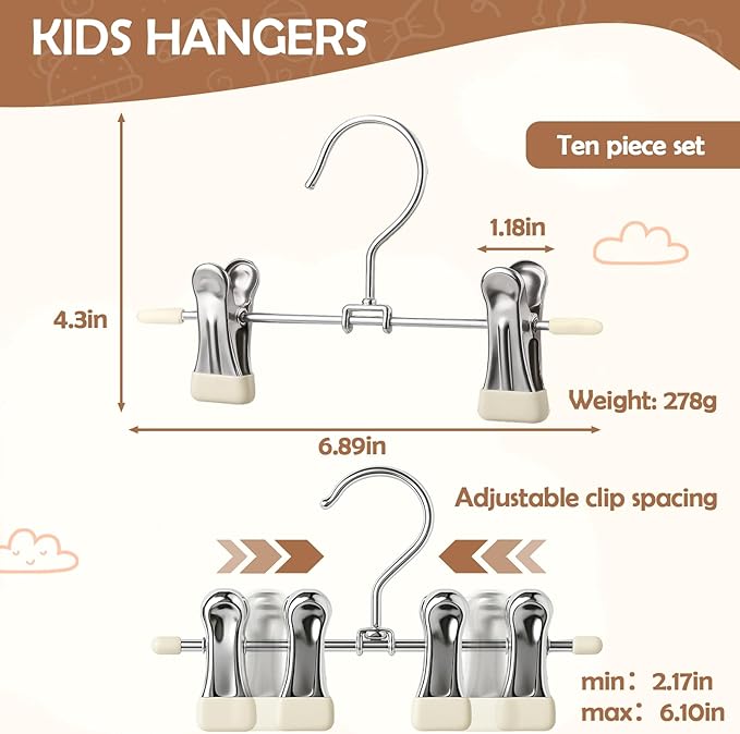 Mity rain 10-Pack Baby Hangers - 360° Rotatable Silicone Clip Kid Hanger, Space-Saving Toddler Hangers,Premium Stainless Steel, Ideal for Newborn & Children Wardrobe Organization.