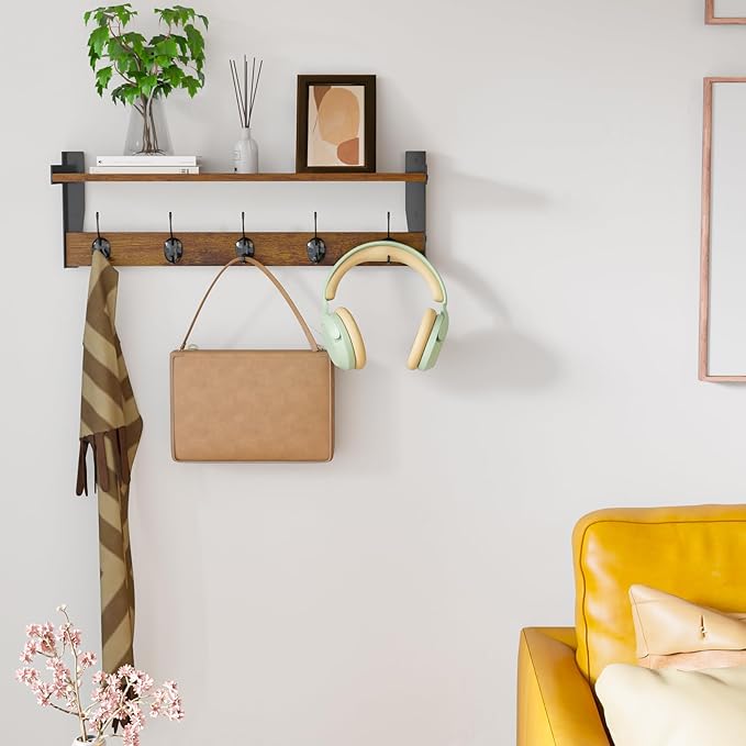 Coat Rack with Wall Mount, 23 Inch Long Entryway Wall Shelf with Hooks, Wood Hanger with Storage Shelf for Bathroom, Hallway, Rustic Brown