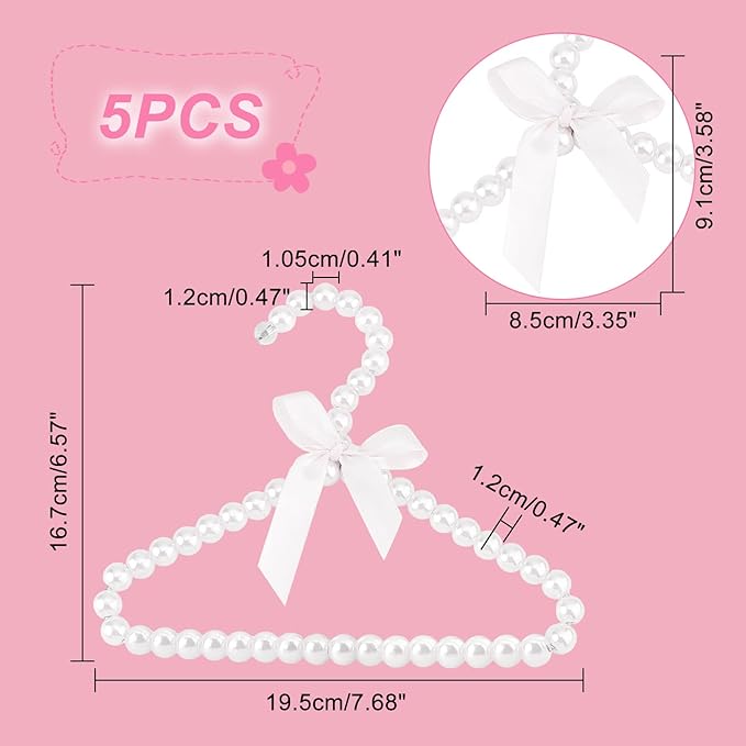 AHANDMAKER 5 Pack Pearl Beads Metal Elegant Clothes Hangers, Small Pet Hanger Plastic Pearl Beaded Clothes Hangers, for Pet Cats and Dogs, Puppet Clothes (Linen)