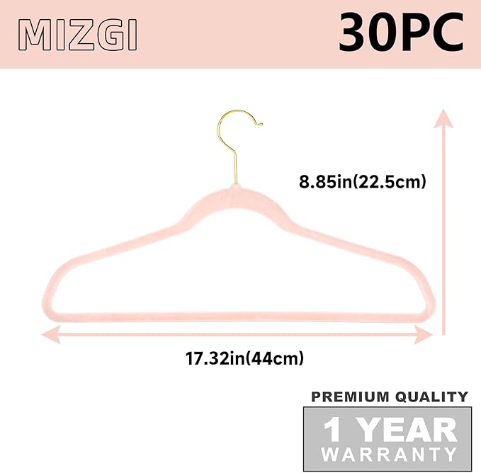 MIZGI Pink Velvet Hangers 30 Pack Gold Hooks Clothes Non-Slip Felt Heavy Duty,Durable Suit Hangers for Space Saving, No Hanger Marks