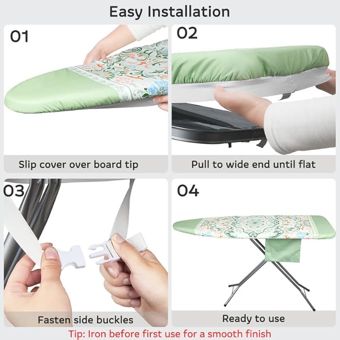 FIOBEE Ironing Board Cover and Pad Extra Thick Iron Board Pad with Heat-Resistant Mesh Padded Iron Board Covers Adjustable Buckle & Elastic Edges for 15x54 Standard Size Ironing Board, Sage Green