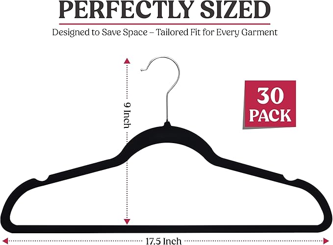LDC Black Velvet Hangers 30 Pack - Premium Non-Slip Clothes Coat Pants Felt Hanger for Closet - Heavy Duty Space Saving 360° Swivel Hook Hangars - Black