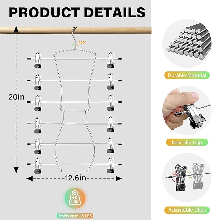 Pants Hangers,Space Saving one Pack Metal 6 Tier with Clips Holds 12 Skirts/Pants/Jeans/Shorts, w/360°Rotating Hook, Skirt Hangers Space Saving Closet Organizers and Storage (2PCS)
