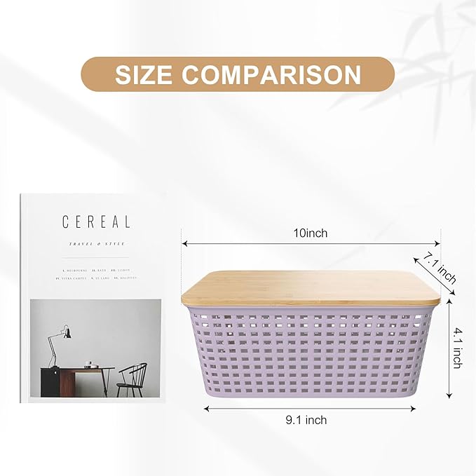 6Pcs Storage Bins with Lids, Stackable Plastic Storage Basket with Bamboo Lid, Pantry Organizer Box Small Containers for Organizing Shelves Drawer Desktop Closet Cabinet Office Classroom 10x7.1x4.1in
