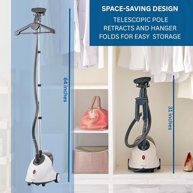 SALAV GS18-DJ Standing Garment Steamer with Smart Auto-Off, Wheels for Easy Movement, 1.8L Water Tank for 1hr Continuous Steaming, Adjustable Pole for Storage, with Descaler Packet, 1500 watts