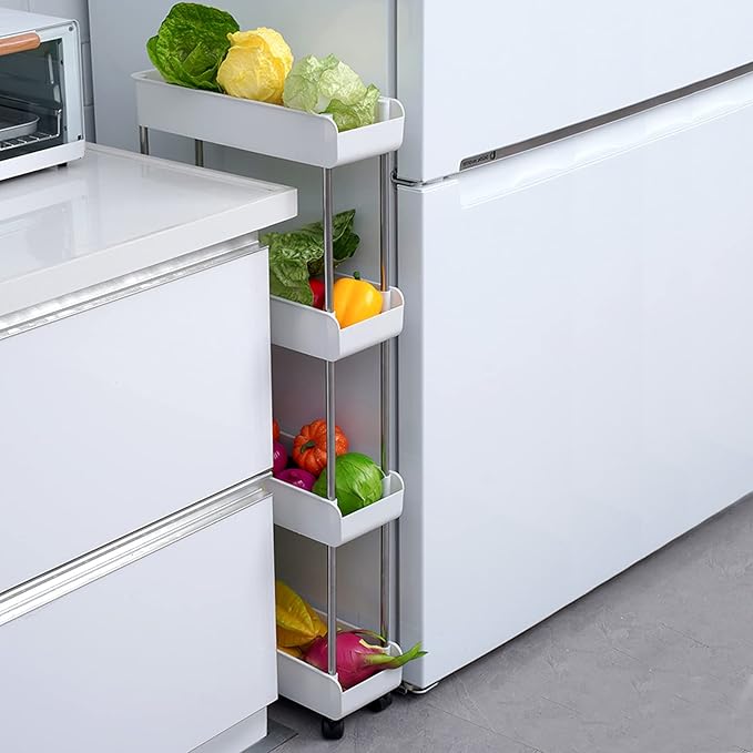 Melody House 4-Tier Slim Mobile Shelving Unit on Wheels, Slide Out Rolling Bathroom Storage Organizer, Utility Carts Shelf Rack for Kitchen Bathroom Laundry Room Narrow Places, White