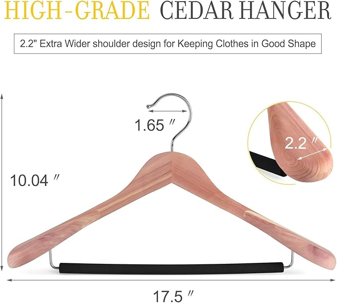 TOPIA HANGER American Red Cedar Wide Shoulder Wooden Hangers 8 Pack, Luxury Wood Suit Coat Hangers with Black Padded Pant Bar-360° Swivel Chrome Hook, Natural- CT07W-8