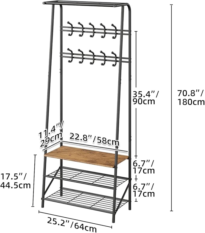 GAOMON Coat Rack, Hall Tree with Shoe Bench for Entryway, Shoe Rack Organizer with 10 Coat Hooks, 3-in-1 Hall Tree Entryway Bench, Wooden Furniture with Metal Frame