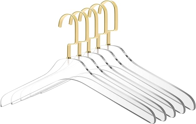 Quality Clear Acrylic Lucite Coat Suit Hangers, Stylish Clothes Hanger with Silver Hook - Coat Hanger for Dress, Suit - Adult Closet Organizer Hangers Matte Gold, 5 Pcs