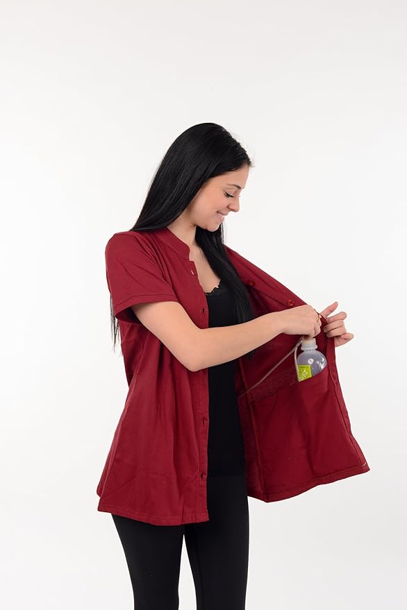 USBD Post Mastectomy Shirt with Drain Pockets Band Collar Post Op Recovery Tops