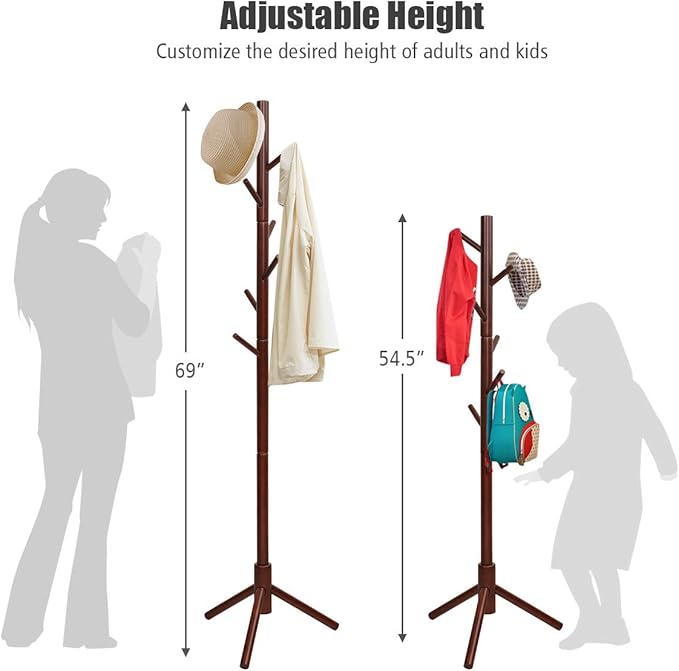 Tangkula Coat Rack Freestanding, Rubber Wood Coat Stand with 8 Hooks, Height Adjustable Entryway Coat Tree Coat Hanger Stand for Home Office Hall Entryway