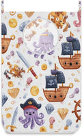 Cute Pirate Octopuses Sailboats Diamonds Hanging Laundry Hamper Door Hampers Bag Basket with Stainless Steel Hooks Oxford Fabric Printing Decorative Clothes Bags 29.5X20inch 1Pack