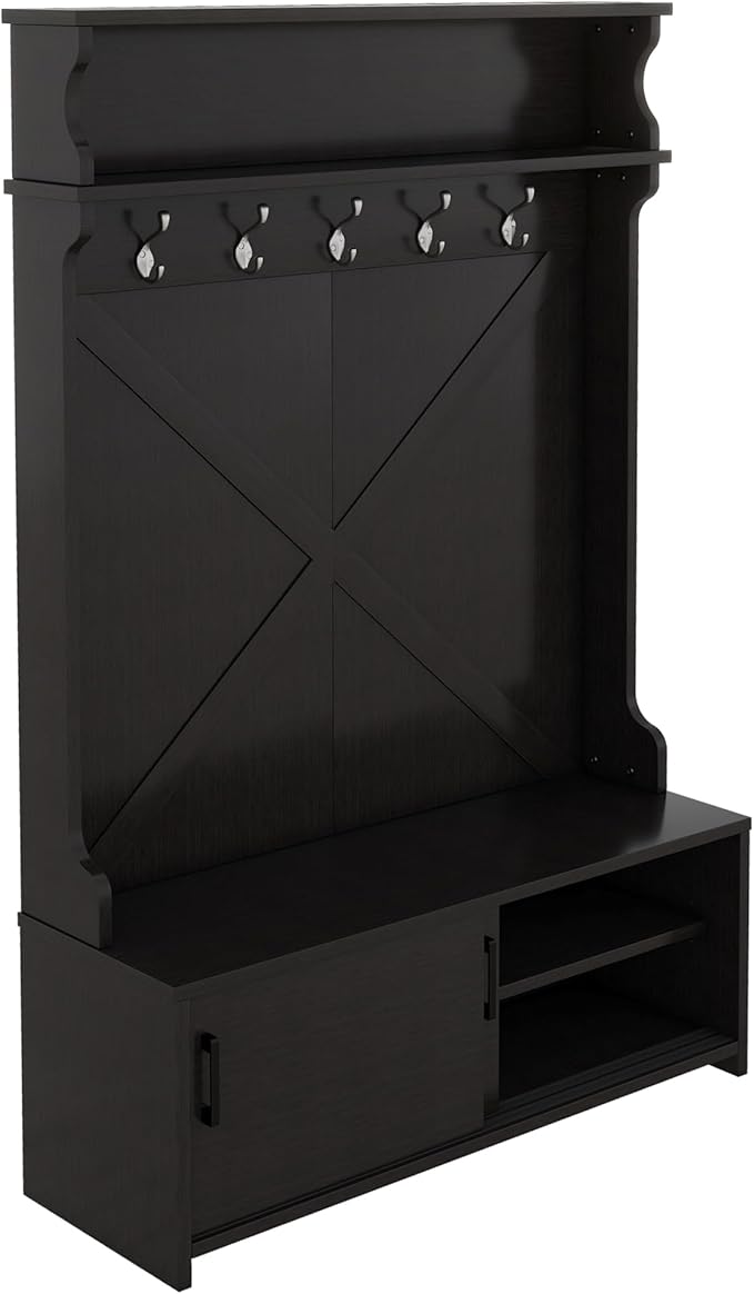Modern 47'' Wide Hall Tree with Top Shelf and Storage Bench, Hallway Shoe Cabinet with Sliding Doors, Coat Rack with 5 Hanging Hooks for Entryways Hallways (Black-8.18)
