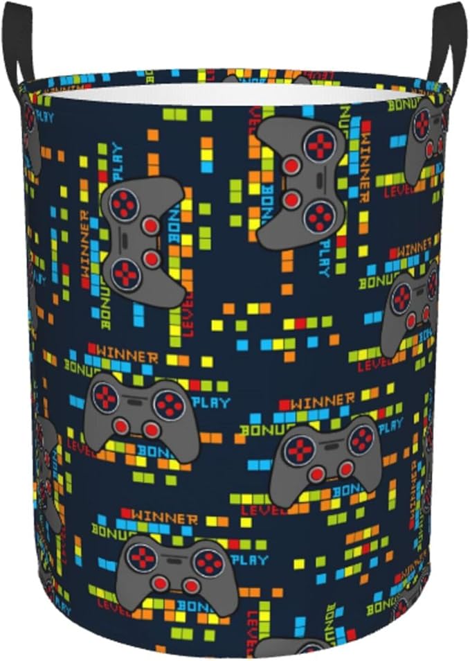 Game Joystick Gaming Pixels Round Laundry Hamper Storage Basket Toys Clothes Organizer Bin For Home Bathroom Bedroom Dorm Nursery, 62l