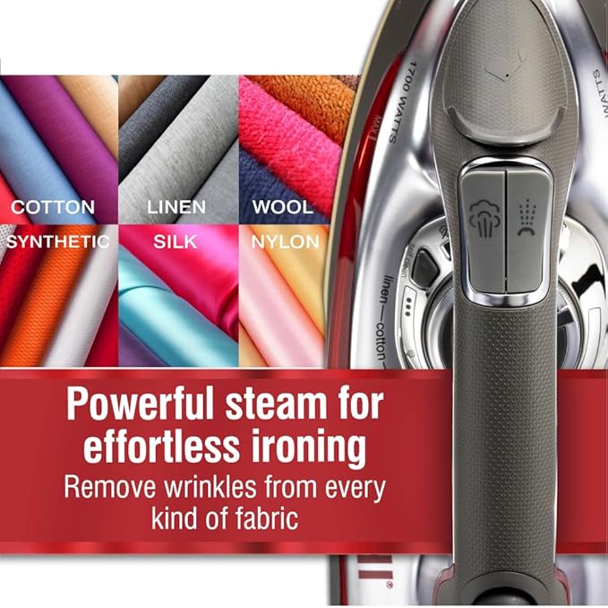 CHI Steam Iron for Clothes with 300+ Holes for Powerful Steam ing, Temperature Guide Dial, 1700 Watts, XL 10’ Cord, 3-Way Auto Shutoff, Titanium Infused Ceramic Soleplate, Silver (13101)