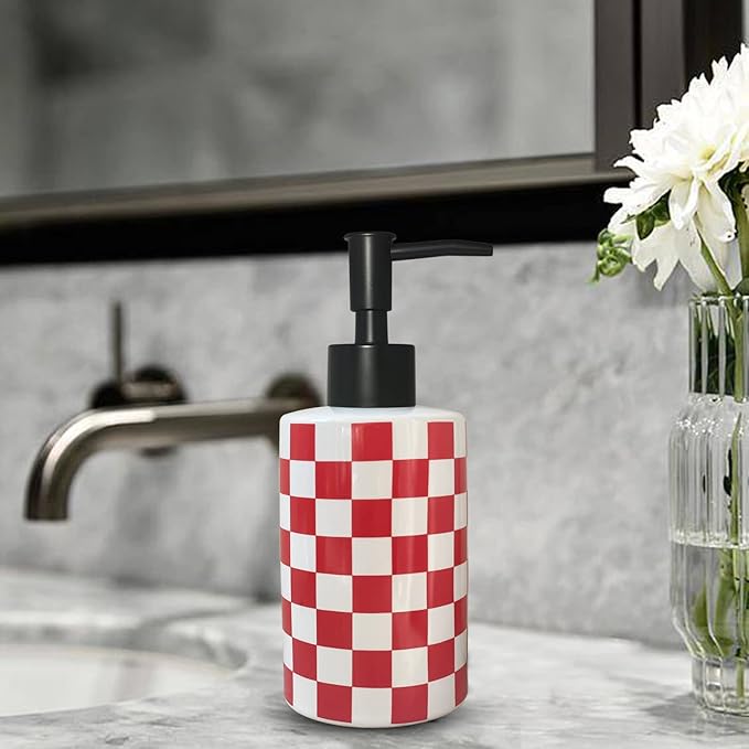 Bathroom Soap Dispenser with Matte Black Pump White Ceramic Soap Dispenser for Kitchen Checkerboard Empty Pump Bottle (RED)