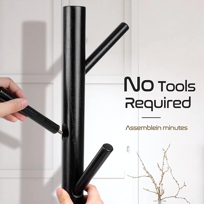 2PCS Solid Wooden Coat Rack Freestanding, New Zealand Pine Coat Tree with 8 Hooks & 3 Adjustable Sizes for Coats, Hats, Handbags and Scarves, Space Saving for Entryway/Office/Bedroom (Black)