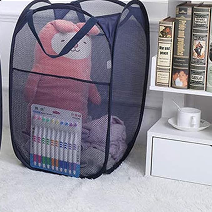 2 Pack Pop Up Laundry Hampers, Collapsible Mesh Laundry Basket, Foldable Clothes Hampers for Bathroom, College Dorm, Travel (Navy Blue)