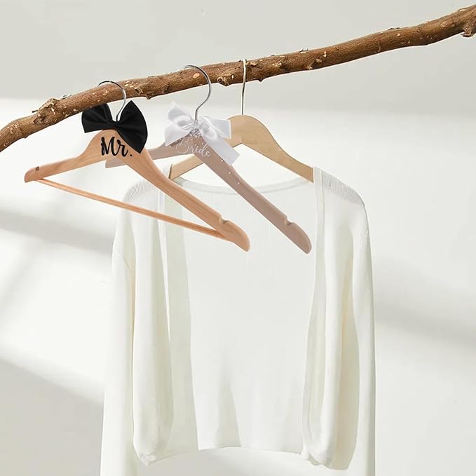 ABOOFAN Bride and Groom Hangers Set 2Pcs Wooden Wedding Dress Hanger with Bow Tie for Tuxedo Suit Bridal Party Shower Keepsake