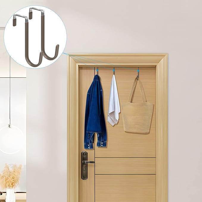 FYY Over The Door Hooks, 4 Pack Door Hangers Hooks with Rubber Prevent Scratches Heavy Duty Organizer Hooks for Living Room, Bathroom, Bedroom Hanging Clothes, Towels, Hats, Coats, Bags Brown
