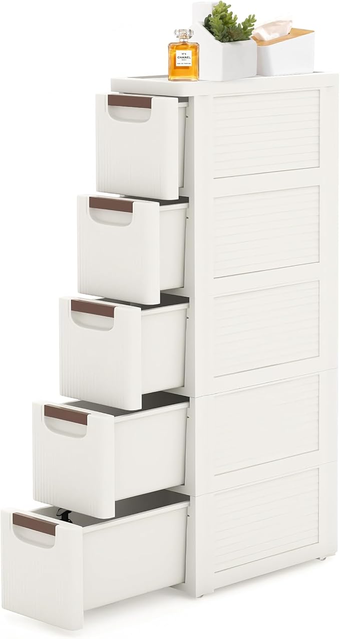 5 Drawers Slim Bathroom Storage Cabinet Dresser, Narrow Plastic Rolling Cart Organizer with Drawers, for Small Spaces, Kitchen, Laundry, Office, Bedroom, White