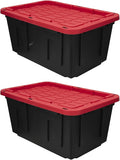 2-Pack Large Industrial Storage Bins – 27 Gallon Heavy-Duty Plastic Containers with Secure Snap-On Lids, Stackable Design, Black & Red for Garage, Basement & Warehouse Organization