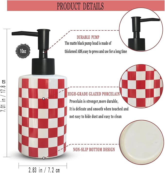 Bathroom Soap Dispenser with Matte Black Pump White Ceramic Soap Dispenser for Kitchen Checkerboard Empty Pump Bottle (RED)