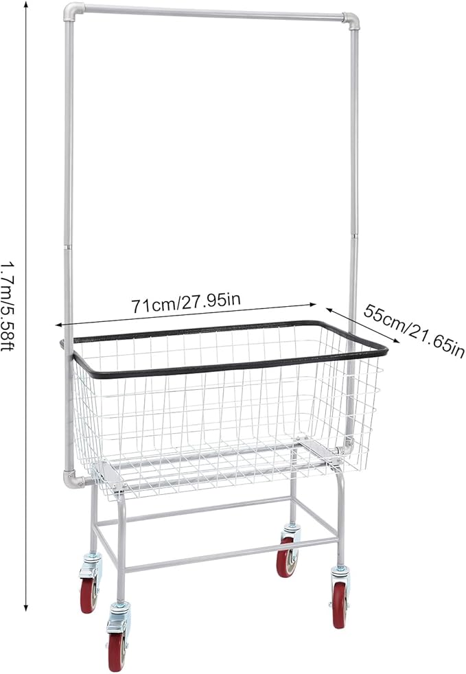 Wire Laundry Cart With Hanging Rack, 2.5 Bushel Wire Laundry Basket with Wheels, Rolling Laundry Hamper with Storage Basket, 28''x22''x67'' Heavy Duty Wire Laundry Basket Cart, 5" Casters