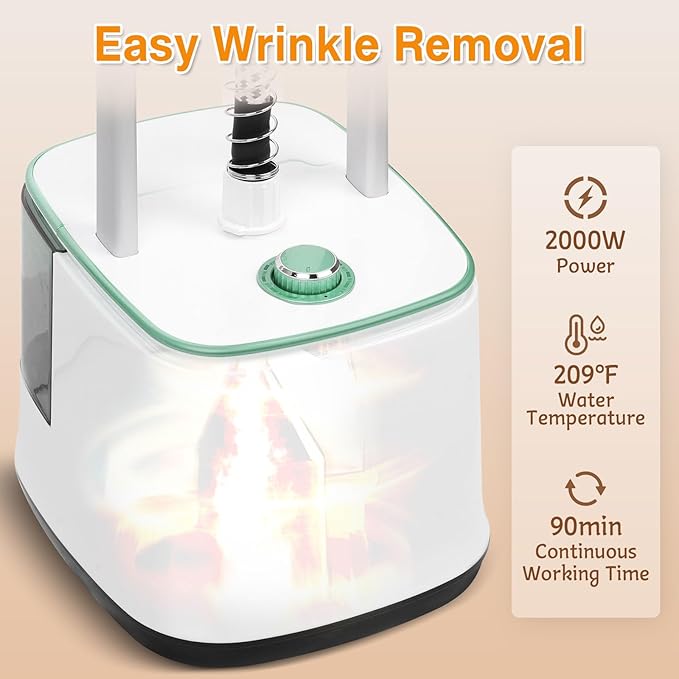 ADVWIN Steamer for Clothes, 2000W Powerful Standing Garment Steamer, 10 Steam Levels, 2.7L Water Tank for 90 Mins Continuous Steaming, Home & Commercial Use, Hanger, Gloves, Fabric Brush (Green)