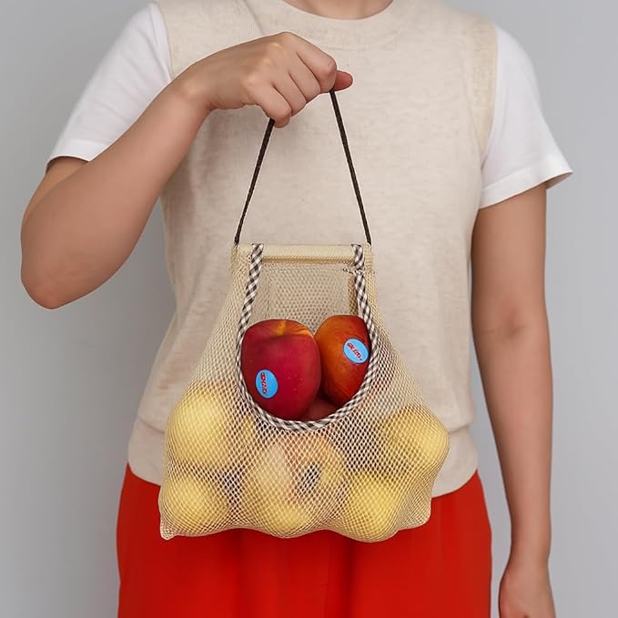 Durable Reusable Hanging Storage Mesh Bags for Fruits, Vegetables, Garlic, Ginger & Potatoes, Kitchen Storage Mesh Bag, Breathable Storage Bags for Home Decor & Kitchen Decor (2 white bags & 2 hooks)