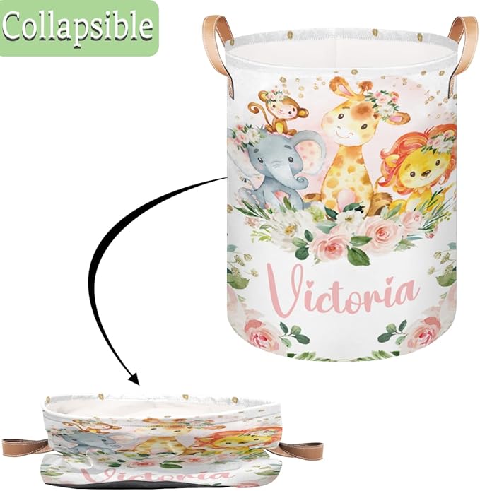 Personalized Laundry Basket, Custom Gift Laundry Hamper, Collapsible Nursery Waterproof Laundry Baskets, Dirty Clothes Toy Hamper with Handles Safari Animals Pink Floral