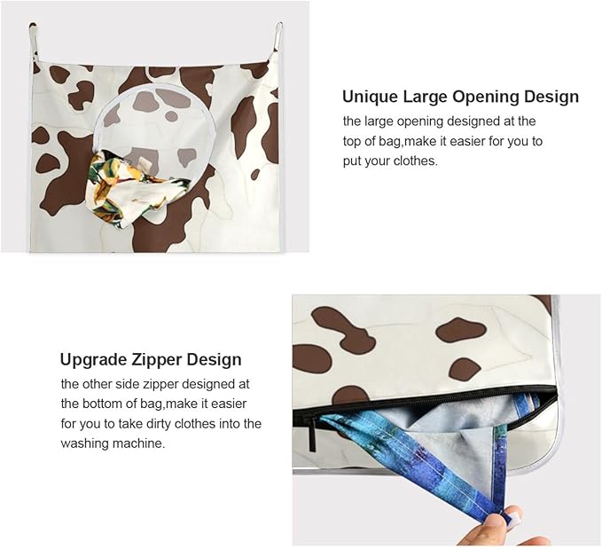 Hanging Laundry Hamper with Stainless Steel Hooks,Oxford Fabric Printing Door Laundry Clothes Bag, 29.5X20inch 1PCS Brown Cow Print