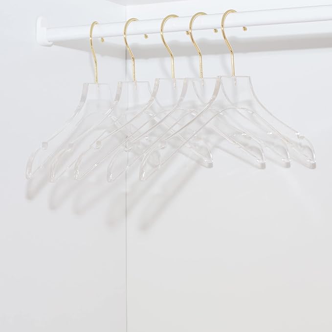 HomeCube USA Clear Acrylic Clothes Hanger with Gold Hooks – Heavy Duty Lucite Closet Organizer, Elegant & Sturdy for Shirts, Dresses, Coats, Suits & Boutique Use (5, Medium 15")