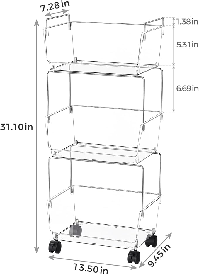Delamu 3 Tier Rolling Cart for Kitchen, Bathroom, Office, Acrylic Utility Storage Carts with 2 Lockable Wheels, Ideal for Small Spaces, Pantry, Classroom, Makeup Organizer, Dorm Storage, Clear