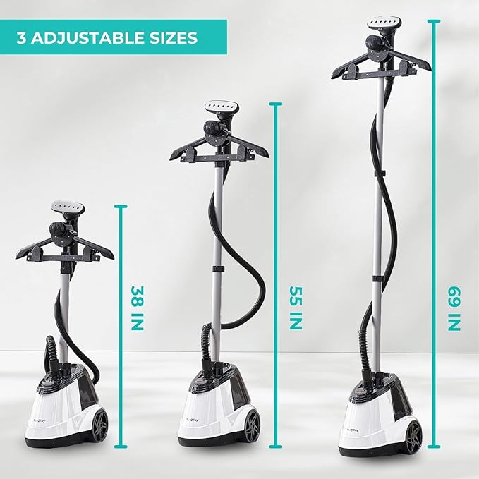 True & Tidy® Commercial Standing Clothes Steamer, Heavy Duty with 90+ mins of Steam Time, For Home and Commercial Use, 1800 watts of Powerful Steam, Wheels for Easy Movement, 3 Steam Settings (White) (Renewed)