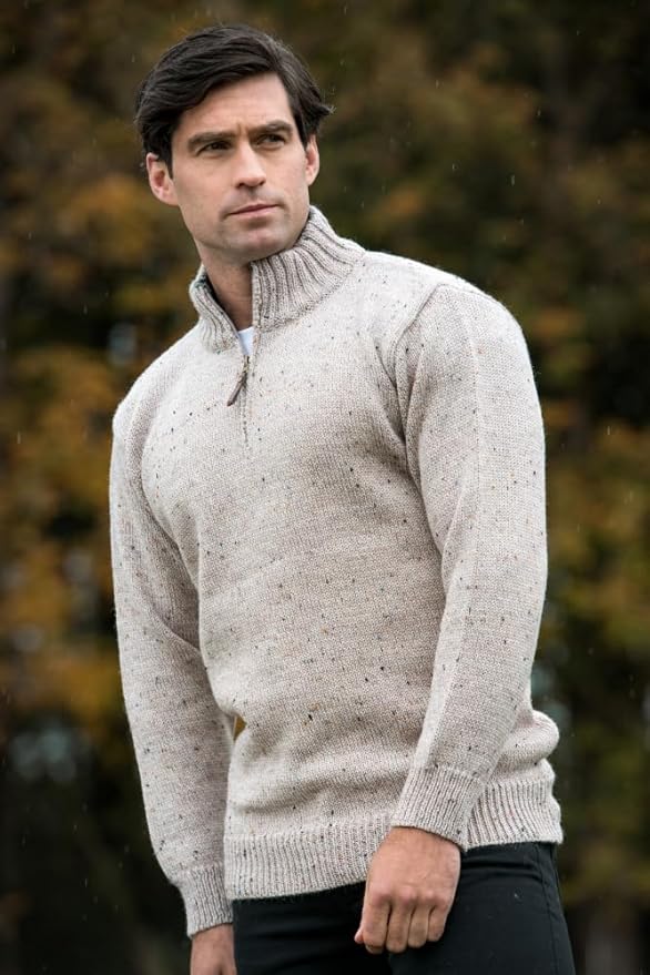 Aran Crafts 1/4 Zip Plain Sweater 100% Wool, Made in Ireland