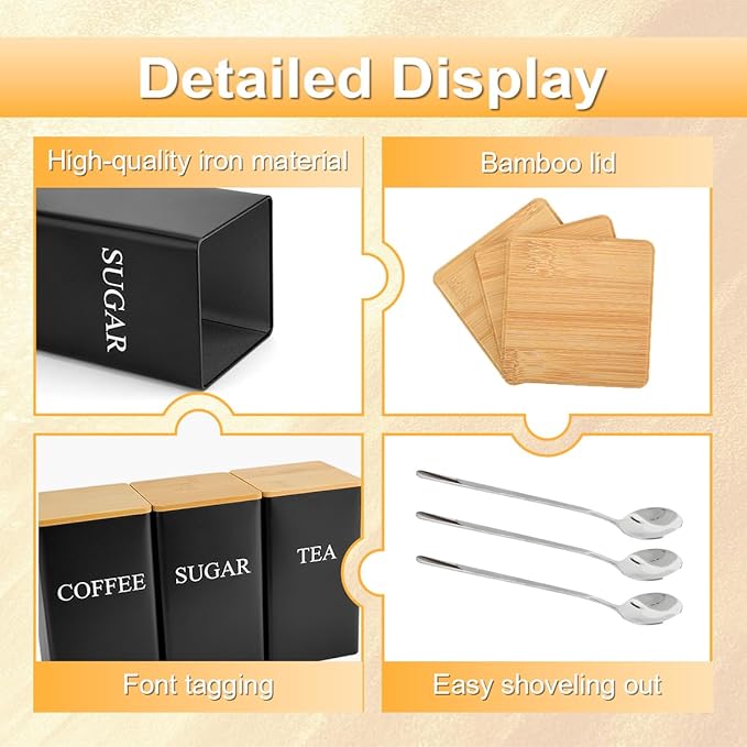 3 Pcs Tea Coffee Sugar Canisters, Black Metal Canister Storage Jar Container Set, Food Storage With 3 Spoons, Rust Resistant Powder Coated Iron Caddies for Kitchen Worktop Organizer (Black)