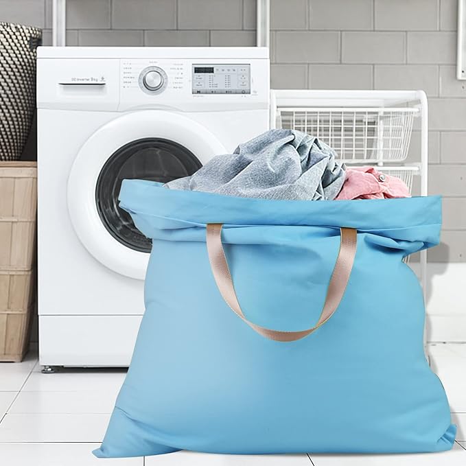 Sanlykate Large Canvas Cotton Laundry Bag with Drawstring & Handles, Heavy Duty Durable Dirty Clothes Organizer, Tear Resistant Hamper Liner Storage Bag, Travel Sack, 25.5 x 34inch - Azure