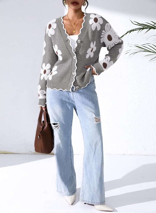 Pink Queen Fuzzy Sweater Cardigan for Women 2025 Fashion Long Sleeve Flower Outerwear Button Down Open Front Cardigan Coat