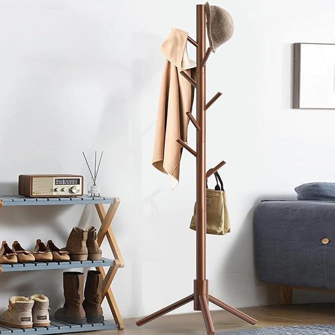 Wooden Coat Rack Stand, Freestanding Coat Rack with 8 Hooks, 3 Adjustable Size Coat Tree for Hats, Coats, Scarves bags, Coat Hanger Stand Used in Bedroom/Office/Entryway,2 PCS (Brown)