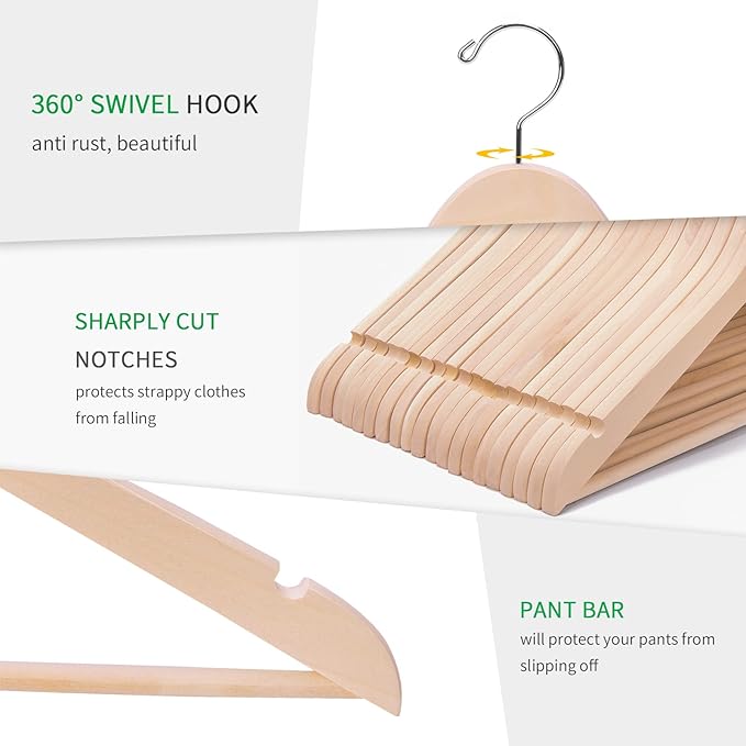 Nature Smile 20 Pack Unfinished Natural Solid Wooden Clothes Hangers Wood Suit Coat Jacket Hanger with Extra Smoothly Cut Notches and Bar - 360°Stronger Rotatable Hook