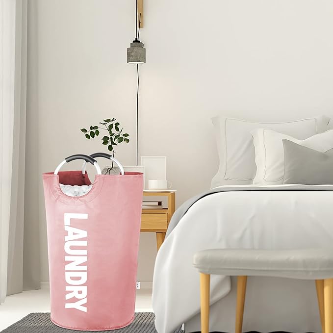 Large Laundry Basket Collapsible，Freestanding Clothes Hamper Bag with Handles – Tall Folding Dirty Laundry Bin，Sturdy Laundry Sorter for College Dorm，Laundry Room – 95L (Pink)