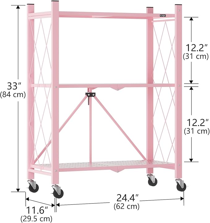 ALANNG Heavy Duty 3-Tier Folding Shelf with Wheels, No Tools Assembly Metal Storage Rack Cart for Kitchen, Pantry, Laundry Room, Garage, Pink