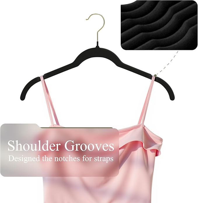 Korpai 50 Pack Black Velvet Hangers, Non Slip,Durable,Slim Hangers Space Saving,Felt Hangers with Gold 360°Swivel Hook for Coats,Strappy Dresses,Shirts,Sweater ect